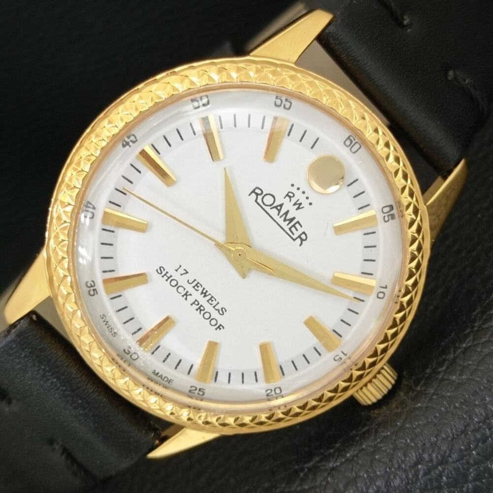 Vintage 1977 Roamer Manual Mens Gold Watch W/Leather Strap & White accents